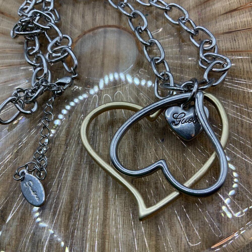 Guess Silver Gold Tone Double Heart Link Chain Necklace